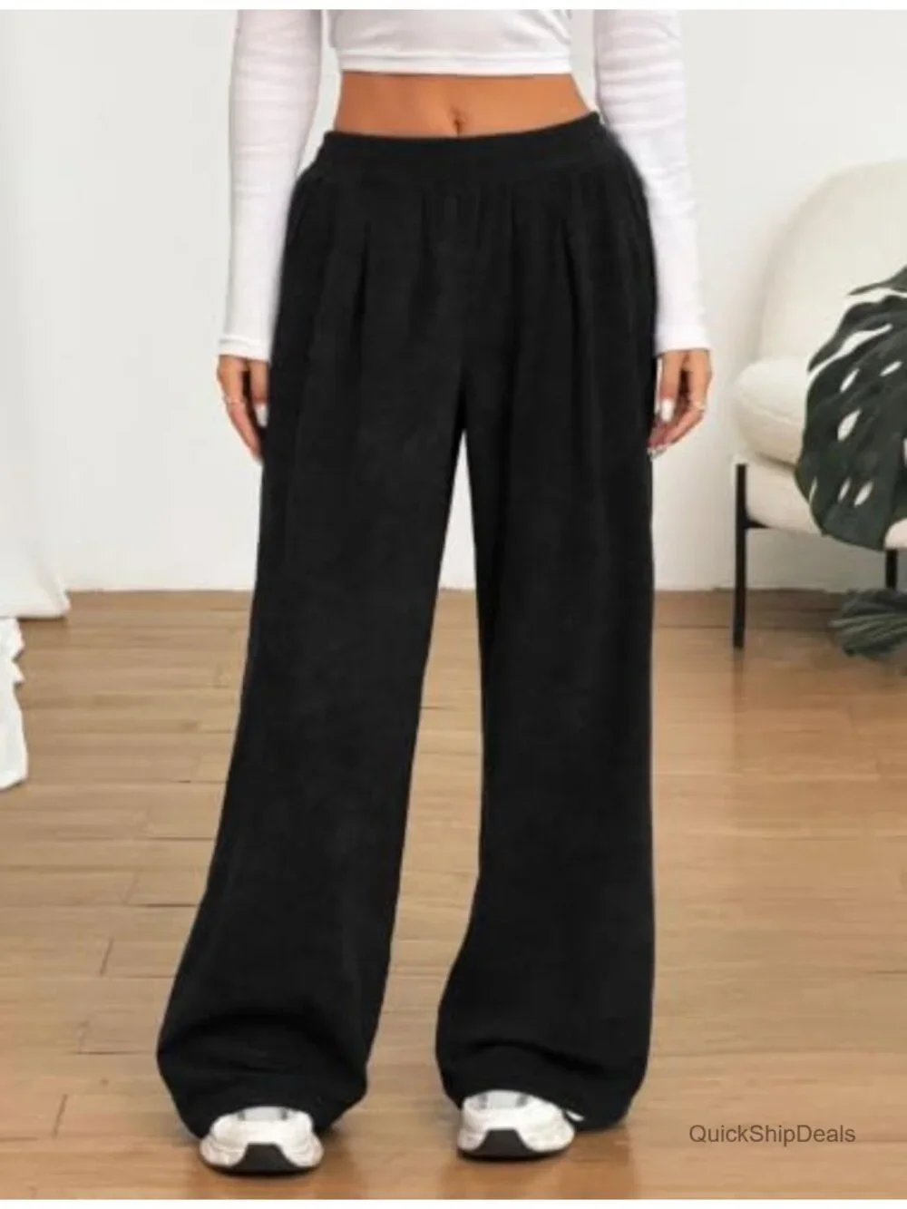 Retro Wide Leg Corduroy Pants with Pockets High Waisted Drawstring